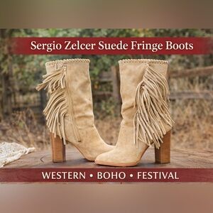 Sergio Zelcer Suede Fringe Western Boots | Boho Cowgirl Stacked Heel | Tan Sz 8